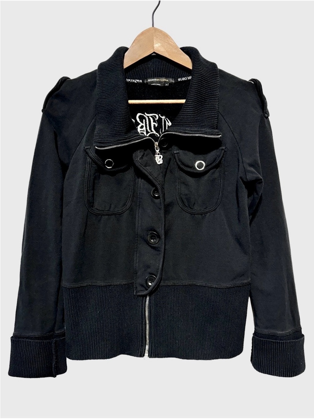 BCBG BCBGMAXAZRIA Black Y2K Goth Moto Track Jacket Rhinestone Logo Streetwear